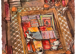 Showing Rugs, Fez, 20" x 17", mixed media on Arches paper, 2026 © Bill Russell