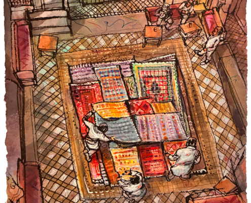 Showing Rugs, Fez, 20" x 17", mixed media on Arches paper, 2026 © Bill Russell