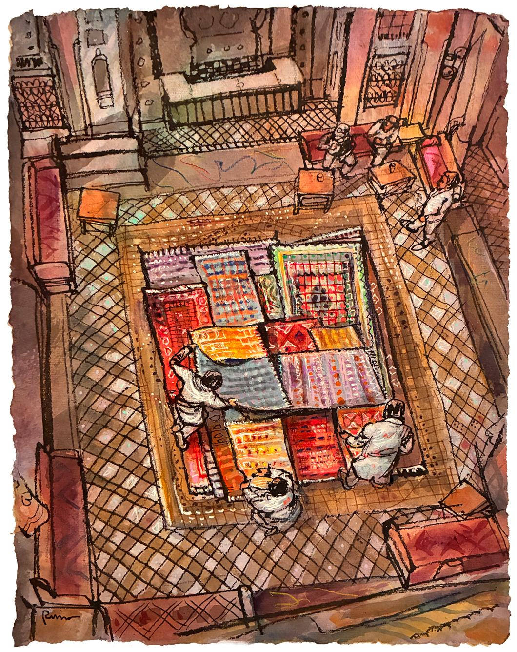 Showing Rugs, Fez, 20" x 17", mixed media on Arches paper, 2026 © Bill Russell